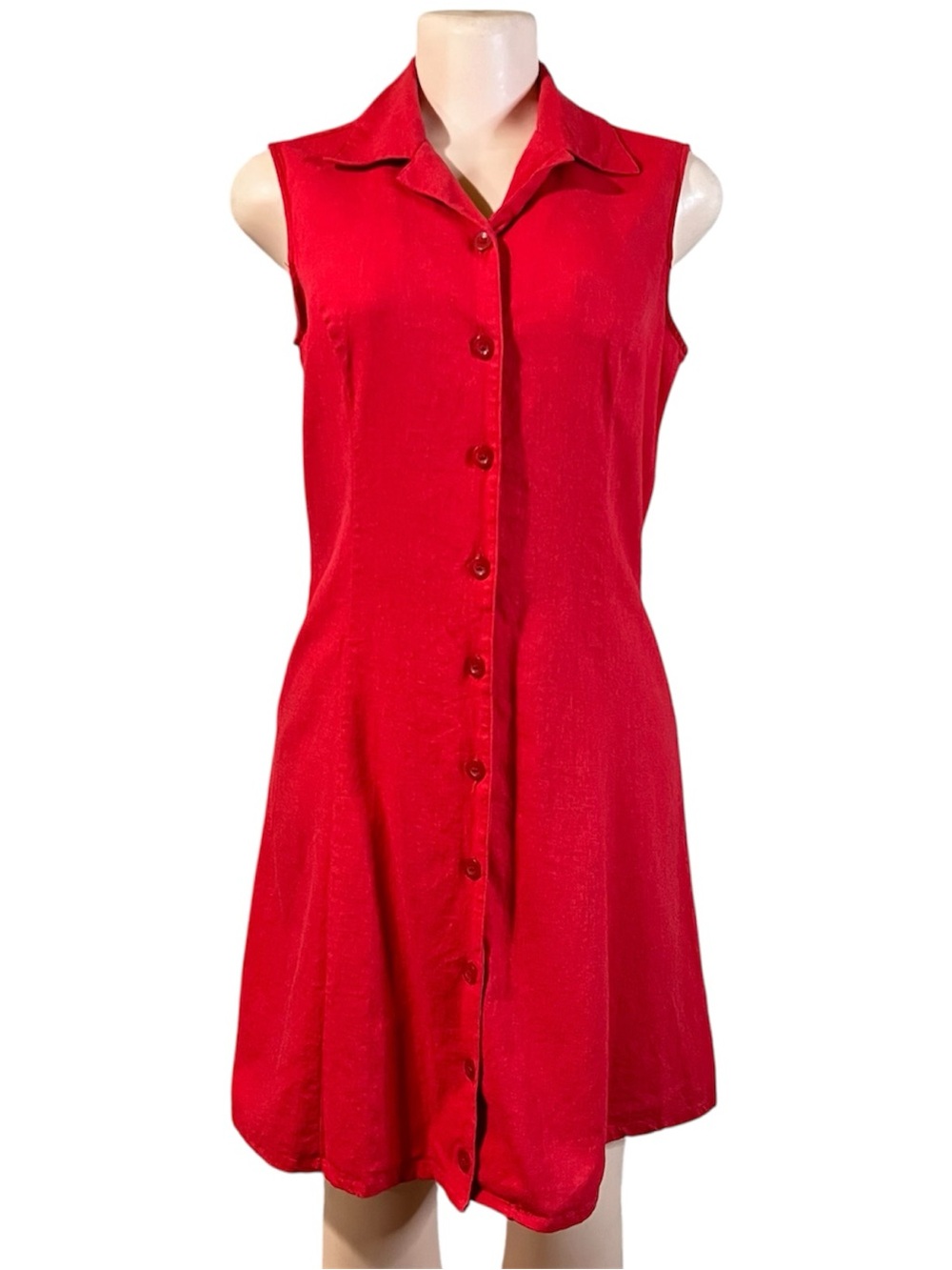 Vtg Red Linen blend button front Dress Sleeveless Size s